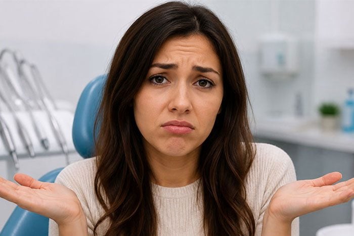 Patient in dental chair shrugging, unsure which treatment she needs