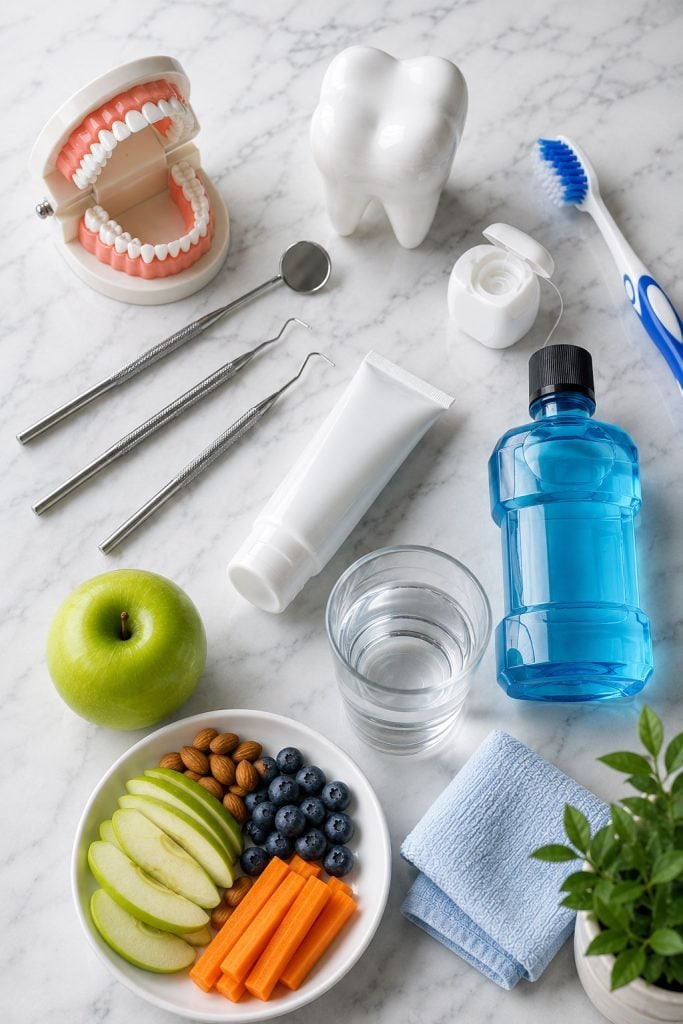 Dental model, toothbrush, floss, mouthwash, and healthy snacks for home care