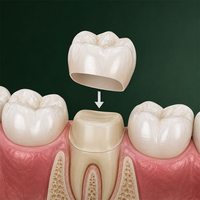 Illustration of a tooth-colored dental crown placed over a prepared tooth